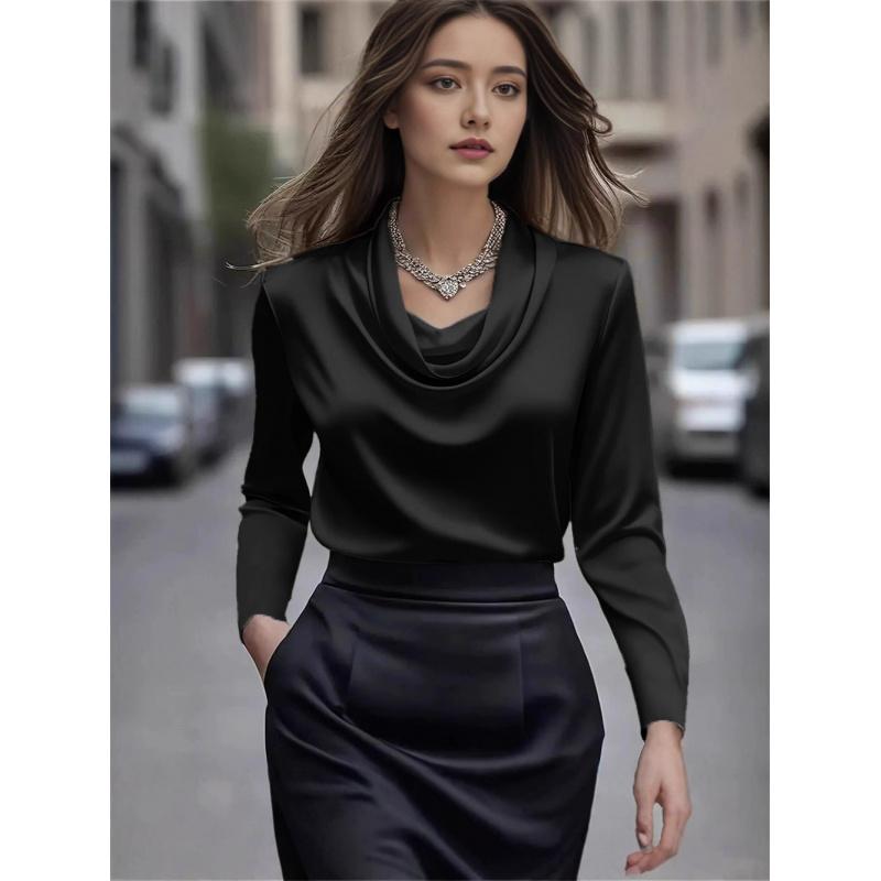 Women Solid Color Long Sleeve Simple Ruffled Collar Top Stain Elegant Shirt