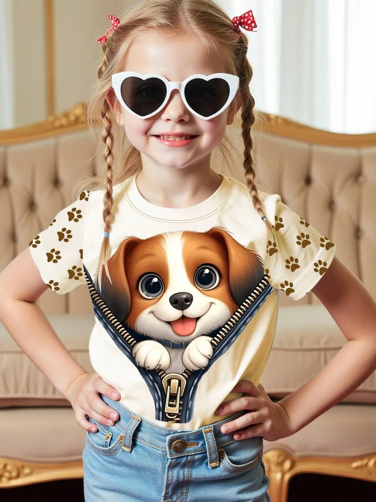 Abbigliamento Bambina Estate T-shirt con Stampa 3D Grafica Gatto Kawaii Vestiti per Bambine Esterni Manica Corta Casual Top per Bambine