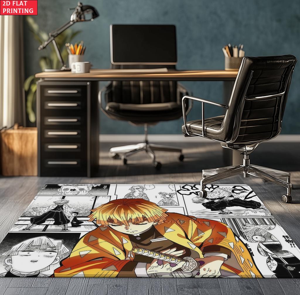 Anime Swordsman Area Rug, Blue Water Wave Theme  Floor Mat, Decorative Carpet for Gaming Room Bedroom, Washable Home Decor Gift