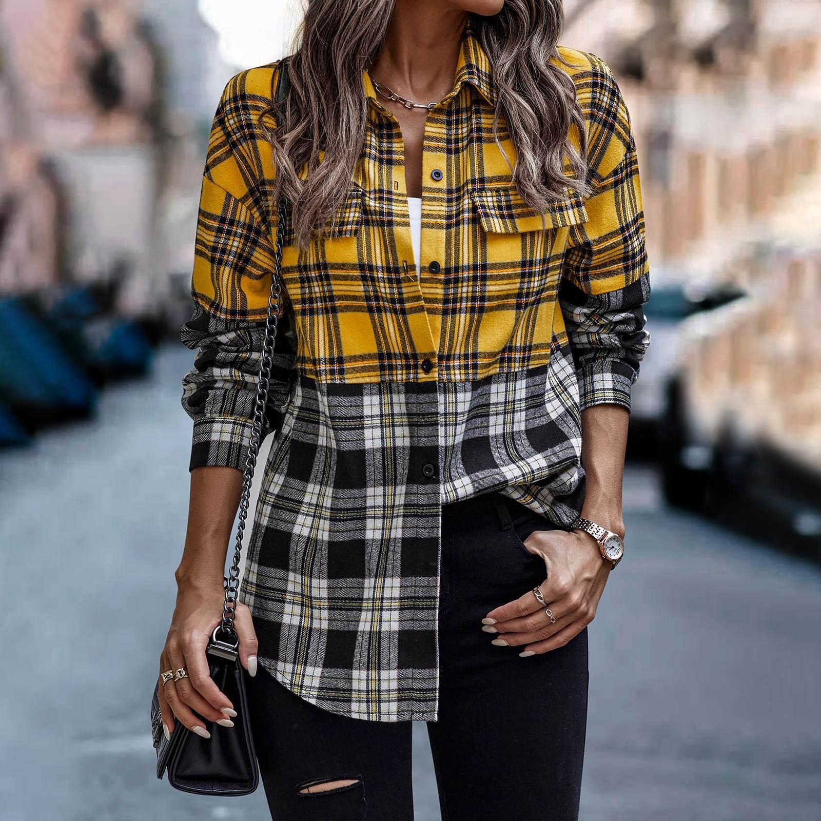 

Women s And Winter Fashion Plaid Long Sleeve Button Coat L жовтий