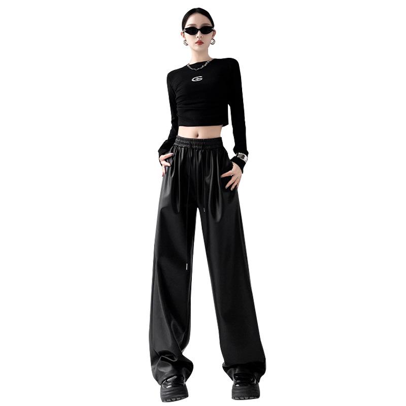 Women's PU Leather High Waist Trousers - Slimming, Versatile, Black with Narrow and Wide Leg Options