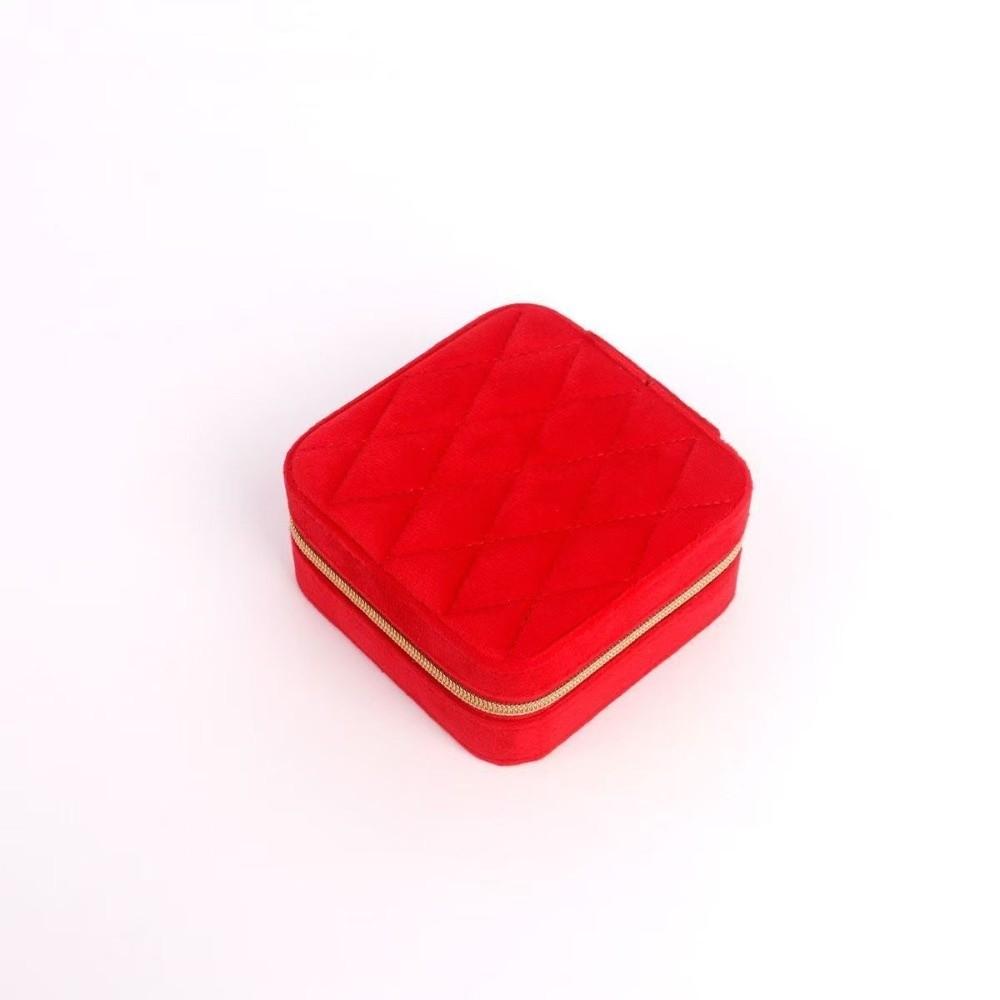Rhombus Pattern Portable Velvet Jewelry Box Zipper Closure Velvet Jewelry Organizer Travel Jewelry Box Travel Use