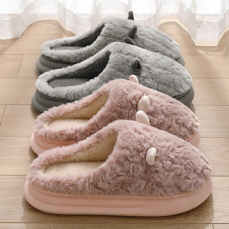 Home cotton slippers winter indoor household plush plush warm cute ears fluffy slippers winter