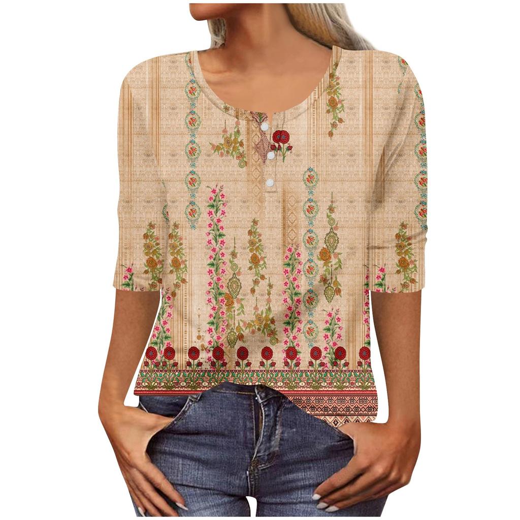 Women's Fashion Casual Long 3/4 Sleeve Flower Buttons Print U-Neck Pullover Top Blouse