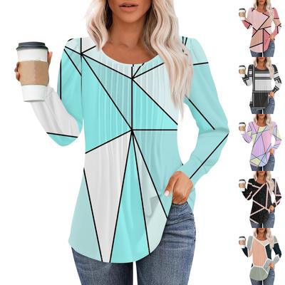 Women's Casual Tops Striped Printed Round Neck Long Sleeve Pleated T-Shirt
