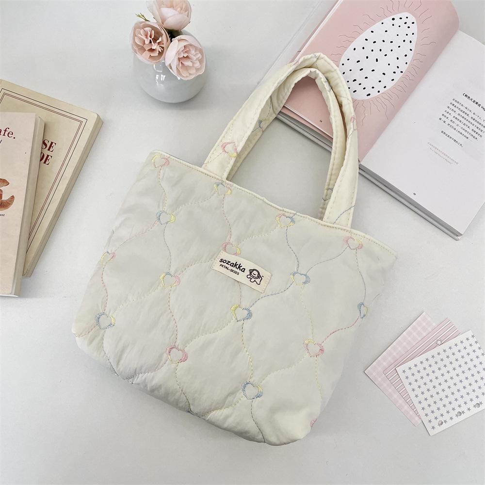 Korean Style Quilted Bow Embroidery Handheld Canvas Handbag for Women 2026 New