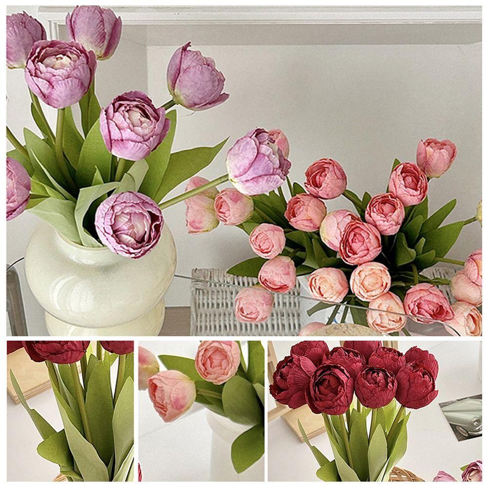 9pcs/bunch Silk Artificial Tulip 39cm Fake Flower Realistic Faux Tulip Bouquet Home