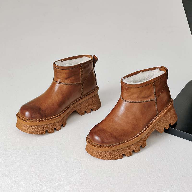 Krazing Pot Skóra Krowia Futro Wełna Zimowe Buty Śniegowce Damskie Utrzymujące Ciepło Wsuwane Europejski Design Odporne na Zimno Botki
