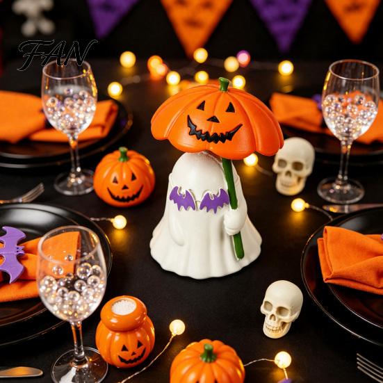 Miniature Halloween Props Ghost Figurine with Pumpkin Umbrella And Bat Eyeglasses, Cute Spooky Home Accents Creative Statue for Holiday Party Desktop