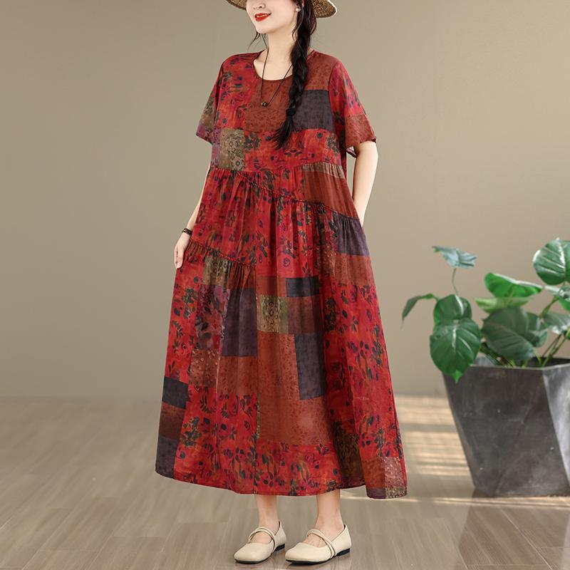 DIMANAF New 2026 Women Plus Size Spring Summer Casual Long Dress Print Red Cotton Loose Oversize Maxi Beach Sundress