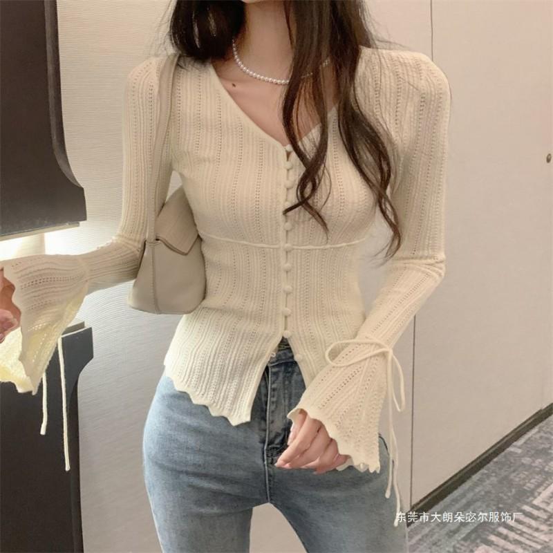 Cardigan en maille pour femme à col en V et manches cloche, haut léger à ouverture devant, pour la superposition en automne