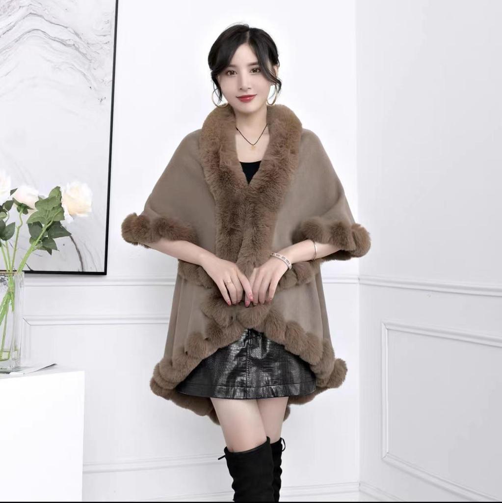 Plus Size Women's Knitted Cardigan with Imitation Rex Rabbit Fur Collar - Autumn/Winter Cape Shawl