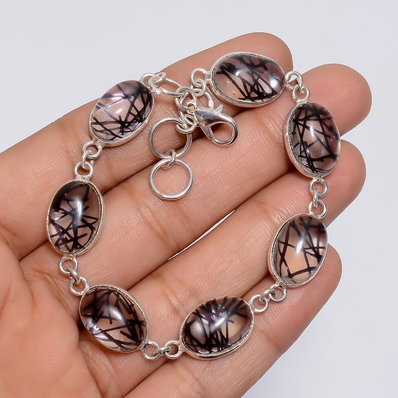 Splendid Top Grade Qualite 100% Natural Black Rutile Quartz Oval Shape Ethnic Handmade Jewelry 925 Steling Silver Bracelet 7-8" WSJ-5213