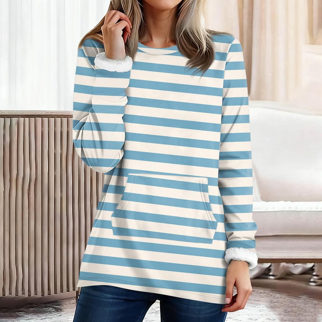 Women's Fashionable Printed Round Neck Long Sleeved Plush Warm Pullover Top