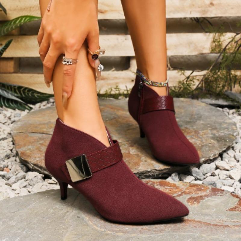 

Модная металлическая пряжка-декорация Ботильоны Женские 2025 Осень Сексуальные Остроносые Ботинки на Высоком Каблуке Замшевые Ботильоны на Боковой Молнии 35 вино красного