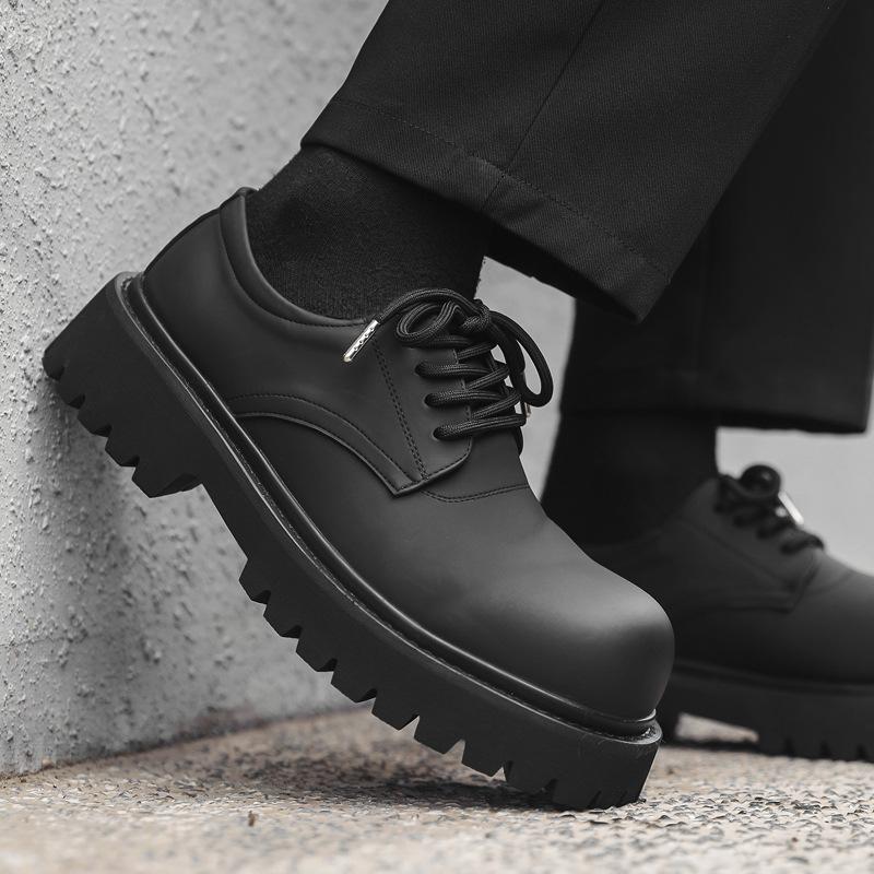 2024 New Autumn Niche British Casual Men's Shoes Thick Sole Heightening Black Big Head Derby Trendy Shoes 8830-J