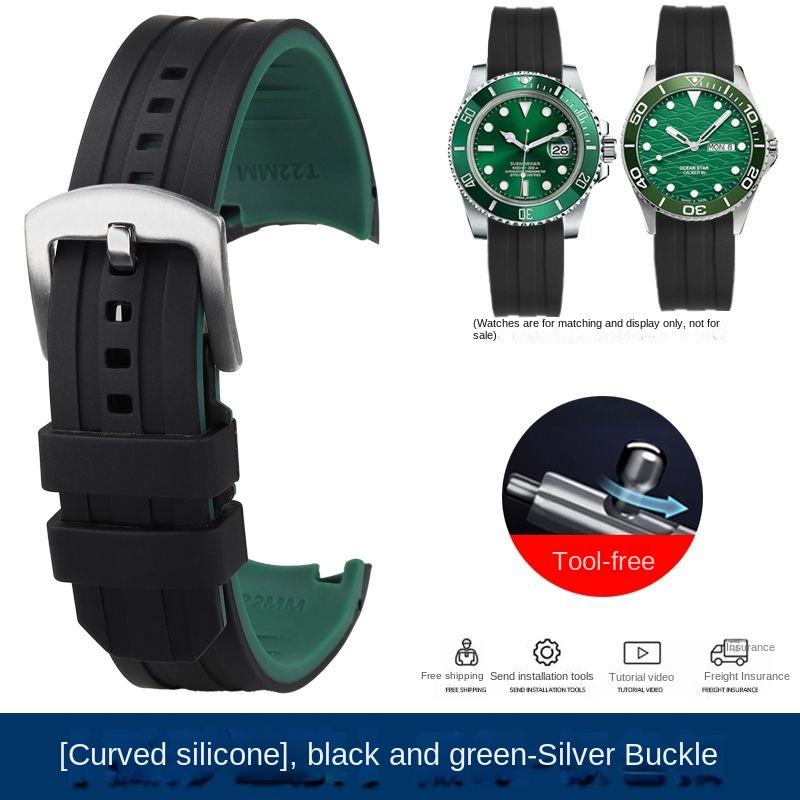 20mm 22mm Waterproof Silicone Watch Strap for Casio Tissot Seiko No.5 Green Water Ghost Citizen Arc Mouth Curved End Watch Chain