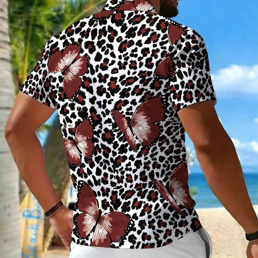 Women Short Sleeve Polo Shirt Black Neon Green Blue Purple Gradient Leopard Spot Half Zip Lapel Top