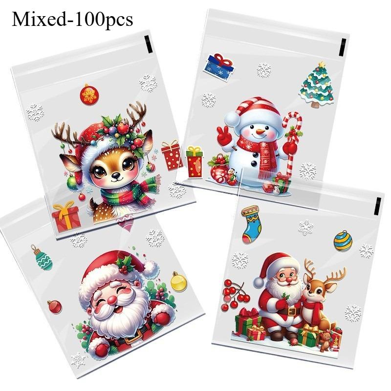 

100 шт. Рождественские подарочные пакеты Самоклеящиеся праздничные полипропиленовые пакеты Олень Снеговик Санта Упаковка для рождественских подарков Украшения 13x10cm