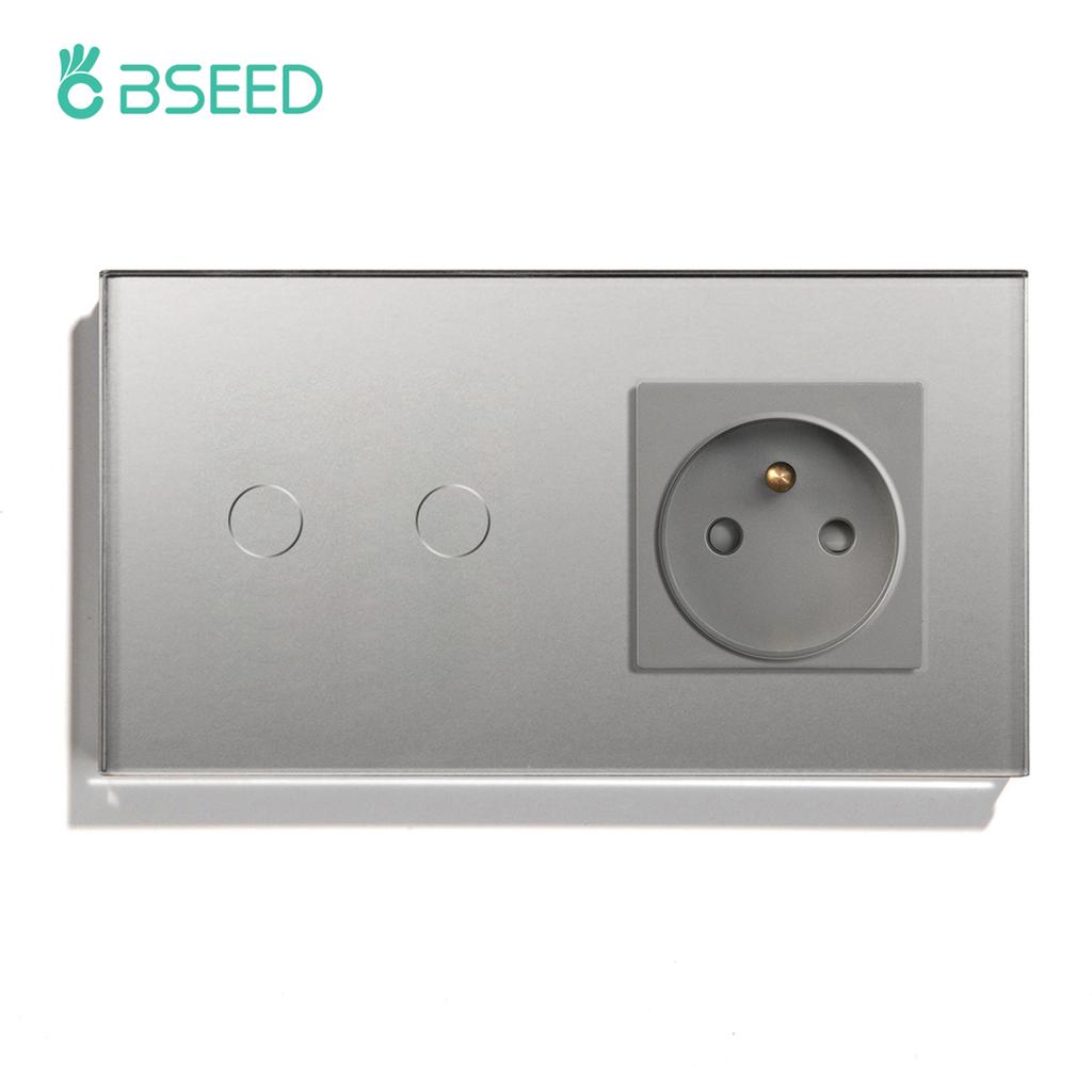 BSEED 1/2/3Gang Touch Light Switches 1Way Sensor Switch With Type-C USB French Wall Sockets Glass Panel Blue Backlight Gray