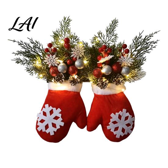Christmas Hanging Ornaments Mitten Door Hanger Red White Glove Ornament with Pine Cone Berries Holiday Home Accents Fabric Wall Decor for