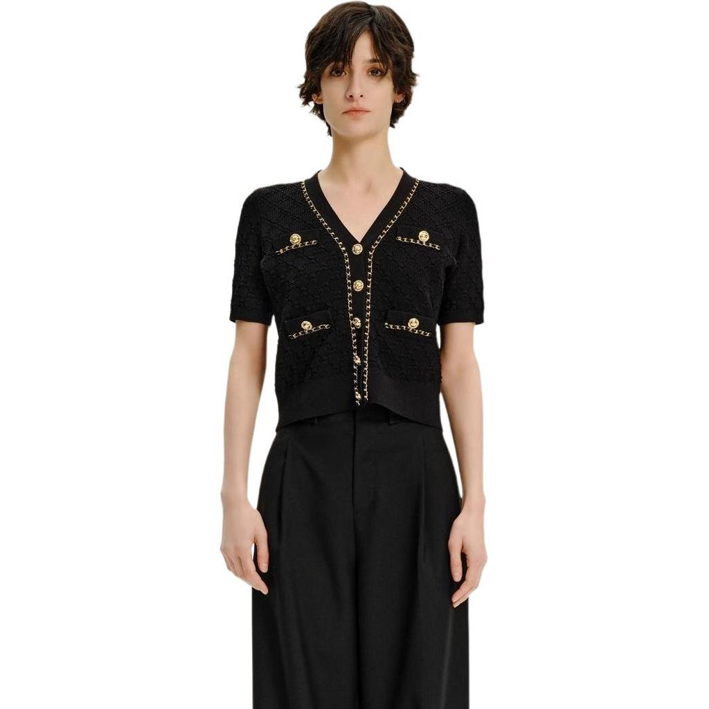 Karl Lagerfeld French Elegant Daily Commuting Dating Outfit Light Luxury Chain Cardigan Summer Color Block Regular Short Sleeve Knit Top E42W2070999