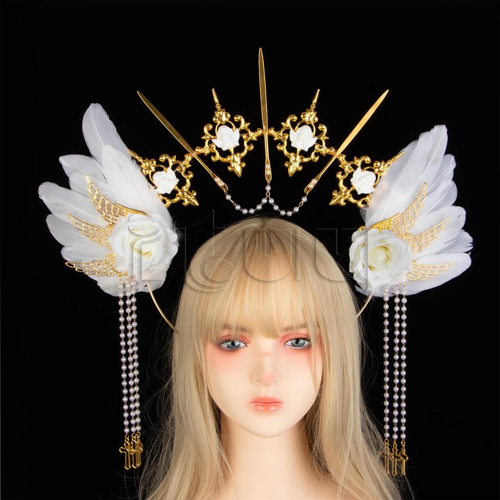 Lolita Corona Aureola Solare Fascia per Capelli Catena di Perline con Nappe Ali d'Angelo Fascia con Spine di Rosa Gotico Vintage Diadema Mary Barocco Copricapo