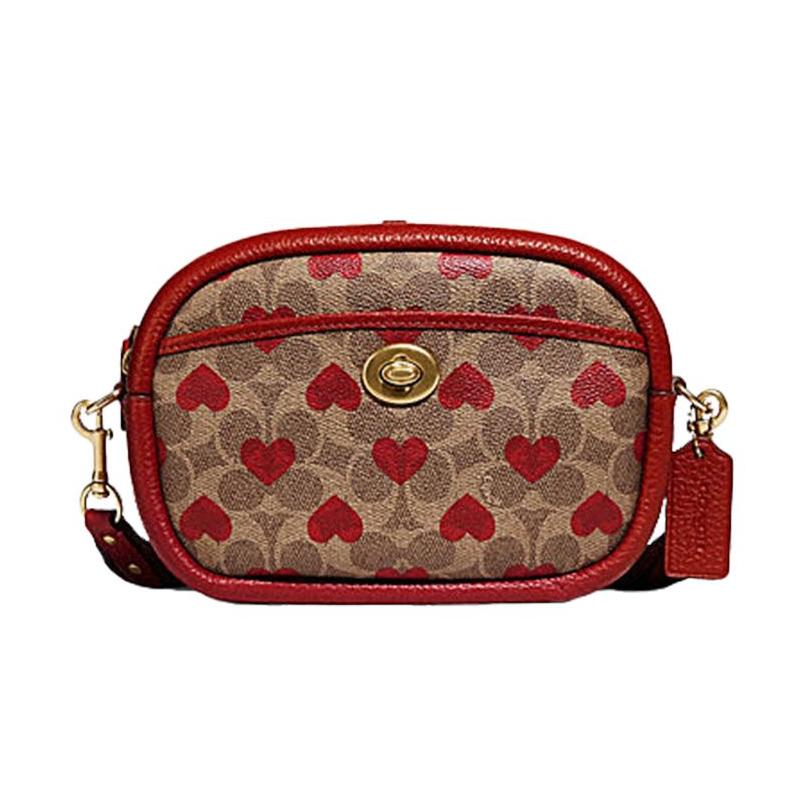 

COACH Camera Classic Presbyopia Turnlock Canvas with Leather Camera Bag Shoulder Crossbody Bag Small Women Model Brown and Red коричневий