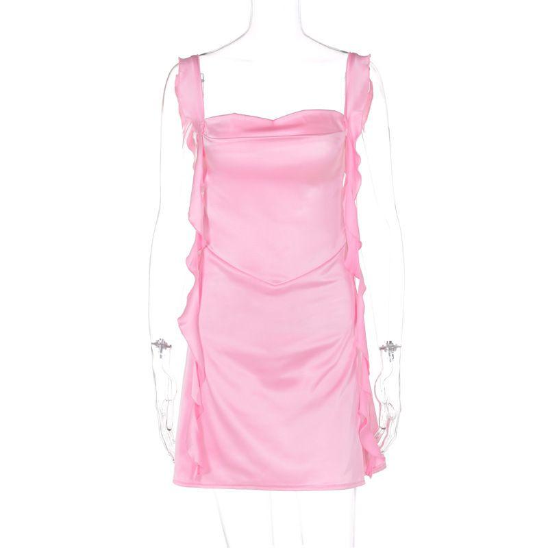 

Backless Ribbon Solid Color Dress Open Back Streamers Pure Color Dress Pink S