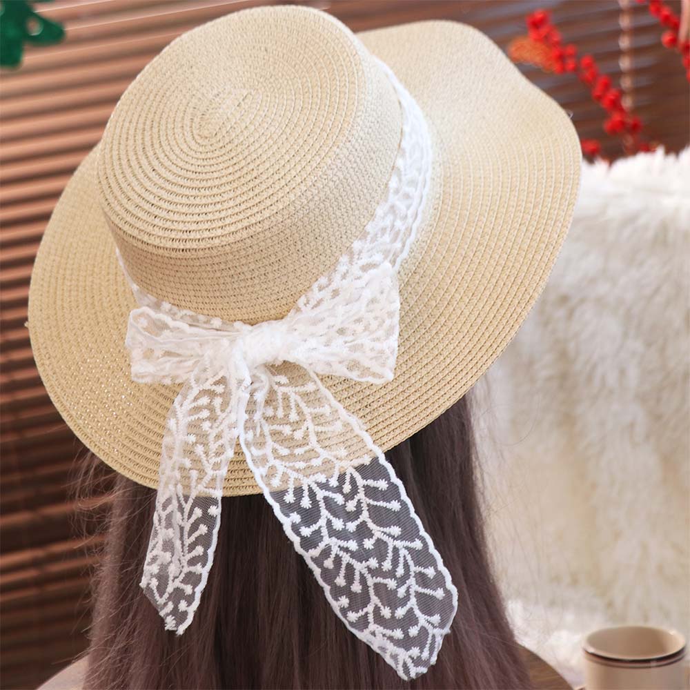 Spring Summer Flat Top Straw Hats French Style Women's Sun Hat Trendy Bow Ribbon Straw Hat Girls