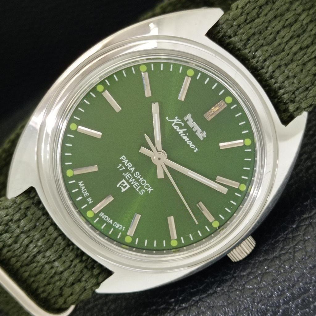 INDIAN VINTAGE HMT KOHINOOR HAND-WINDING MENS GREEN COLOR DIAL WATCH A441049-4 HT-a441049