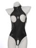 Womens Sexy Patent Leather Set Wet Look Crotchless Bodysuit with Zipper Flared Skirt Night Club Wear