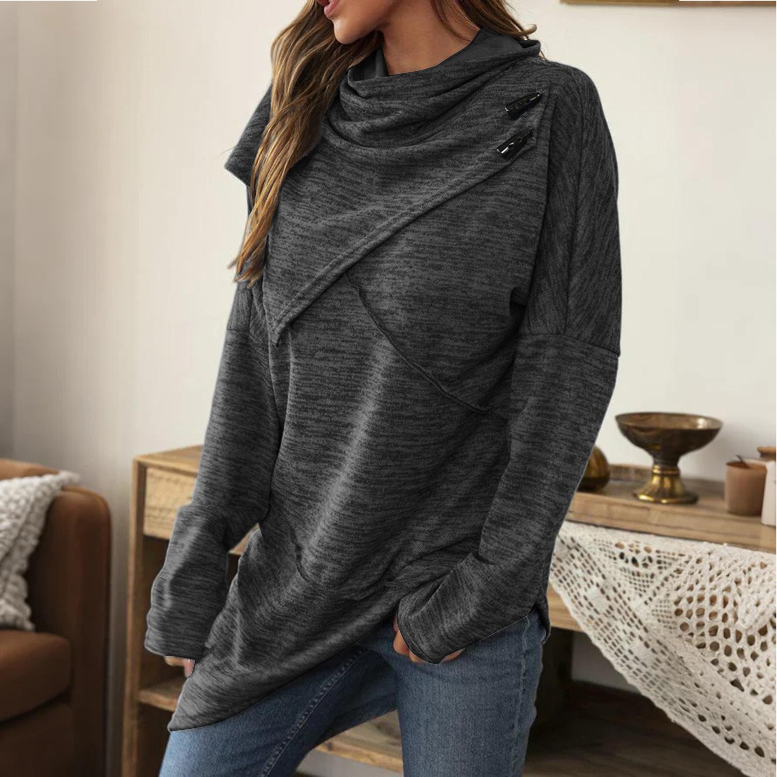 

Women s High Neck Button Long Sleeve Sweater Spliced Irregular Casual Knitwear Women s Top XL чёрный