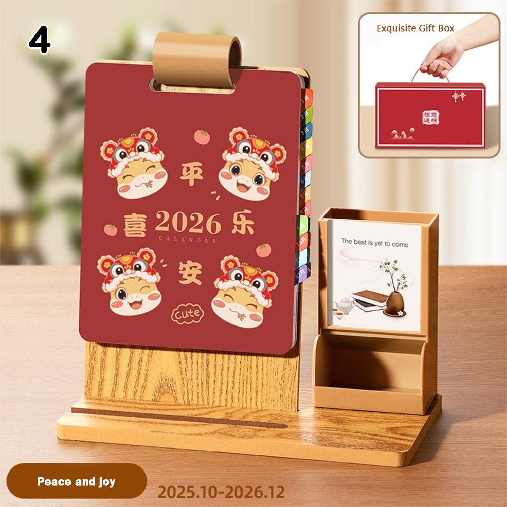 Year of The Horse 2026 Desk Calendar Student Stationery Gift Box Ornamental with Pen Holder Wooden Desktop Ornament