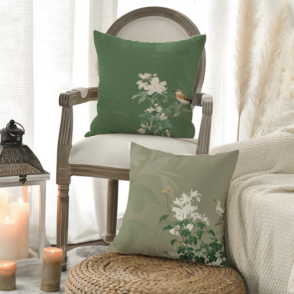 Chinese Style Simple Bird Flowers Cushion Cover Silky Elegant Comfort Sofa Bed Invisible Zipper Beach Pillowcase