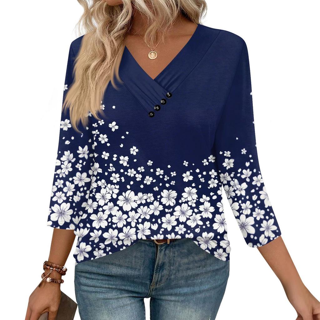 Women's Print Top Button-down V-neck T-shirt 3/4 Sleeve Loose Fashion Top