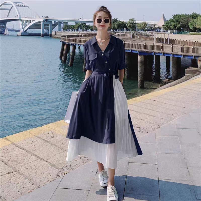 

Платье-рубашка с V-образным вырезом во французском стиле - Летнее, Приталенное, Короткий рукав, Литературный образ из двух частей 3XL (120-130 Jin) темно-синий