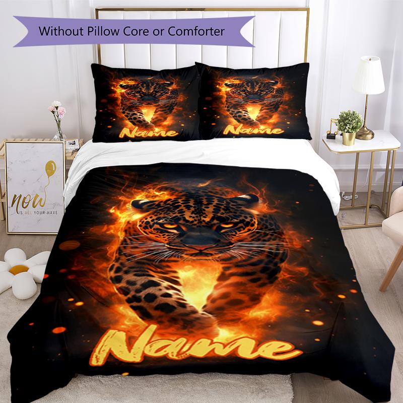 3pcs Custom Name Leopard Bedding Set Duvet Cover Closure Includes 1 Duvet Cover & 2 Pillowcases, Soft and Comfortable for All Seasons.