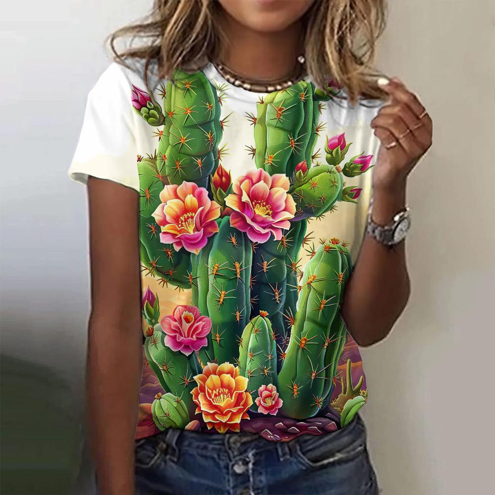 Letni T-shirt z kreskówkowym nadrukiem 3D, luźny krój, modny top z wzorem kaktusa, T-shirt z okrągłym dekoltem i krótkim rękawem, top damski