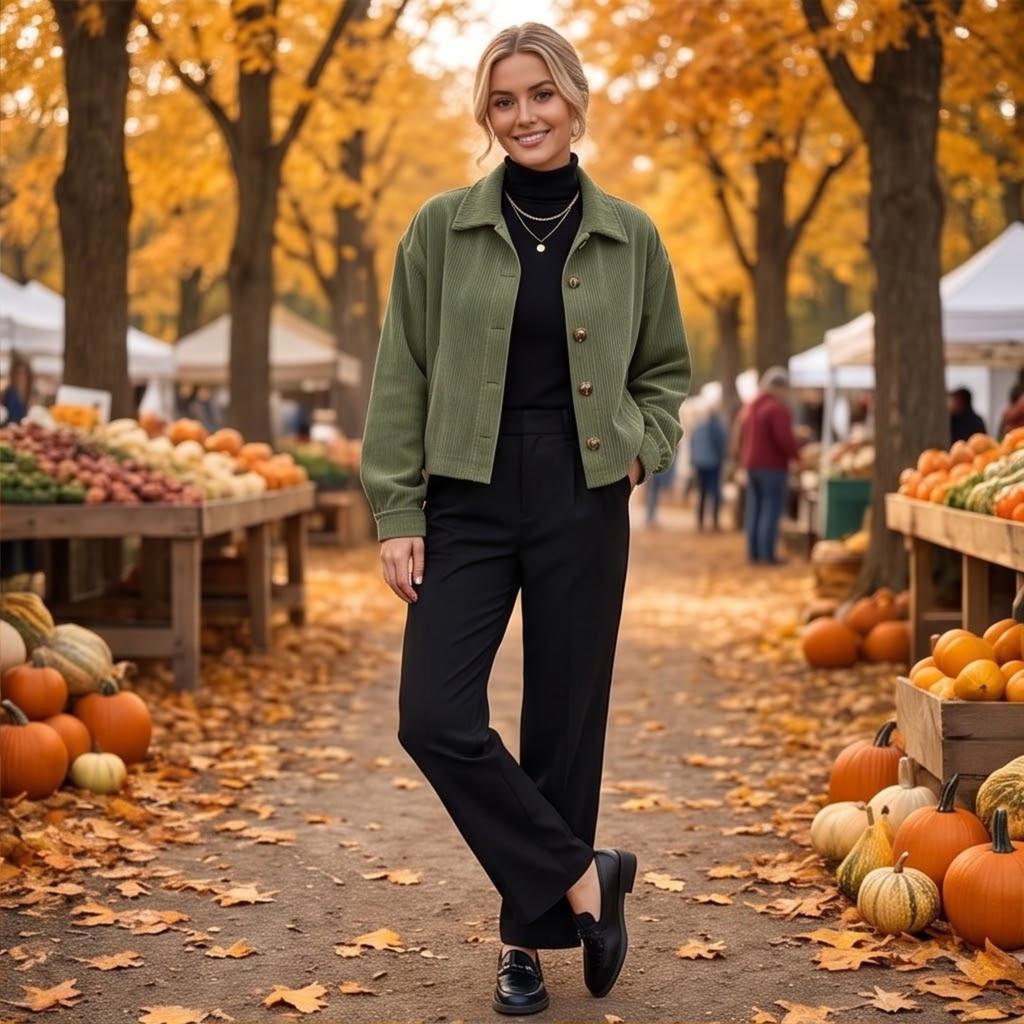 Women's Corduroy Jacket, Stylish Loose Fit Cropped Design with Collar, Versatile Everyday Wear
