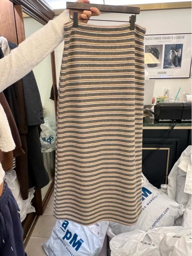 2025 Autumn/Winter Women's Korean Long Tie-Waist Striped Half Brushed Skirt