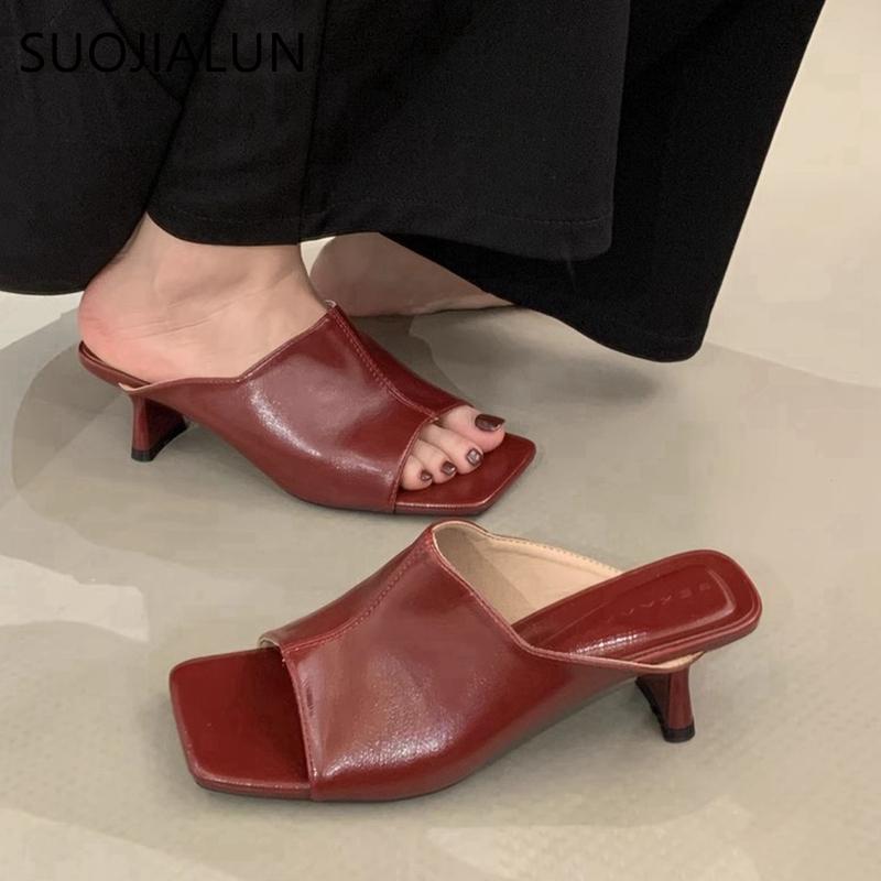 Fashion SUOJIALUN 2025 Summer New Brand Women Slipper Fashion Square Toe Slip On Slides Square High Heel Outdoor Dress Sandal Shoes