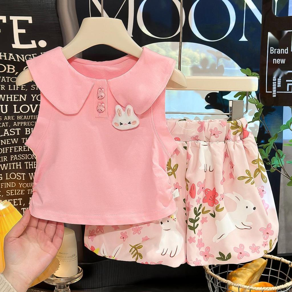 Sommer 2026 Niedliches Puppenkragen Kaninchen Blumen-Bubble-Hosen-Set für Kleinkind-Mädchen