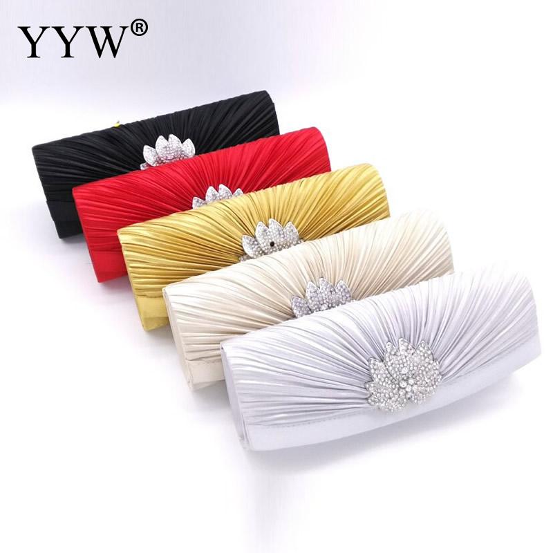 YYW Satin Pleat Clutch Bag Women 2022 Rhinestone Flowers Evening Party Bags Sling Shoulder Bags Female Wedding Purse Sac A Main