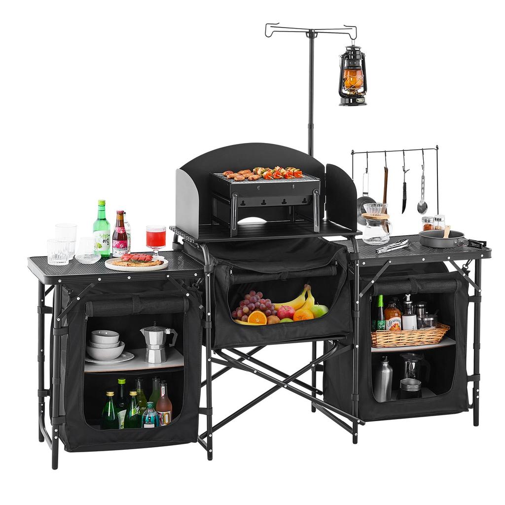 VEVOR Camping Kitchen Table, Outdoor Camp Cooking Table, Aluminum Portable Cook Station with 3 Storage Cupboard, Carrying Bag, Detachable Windscreen