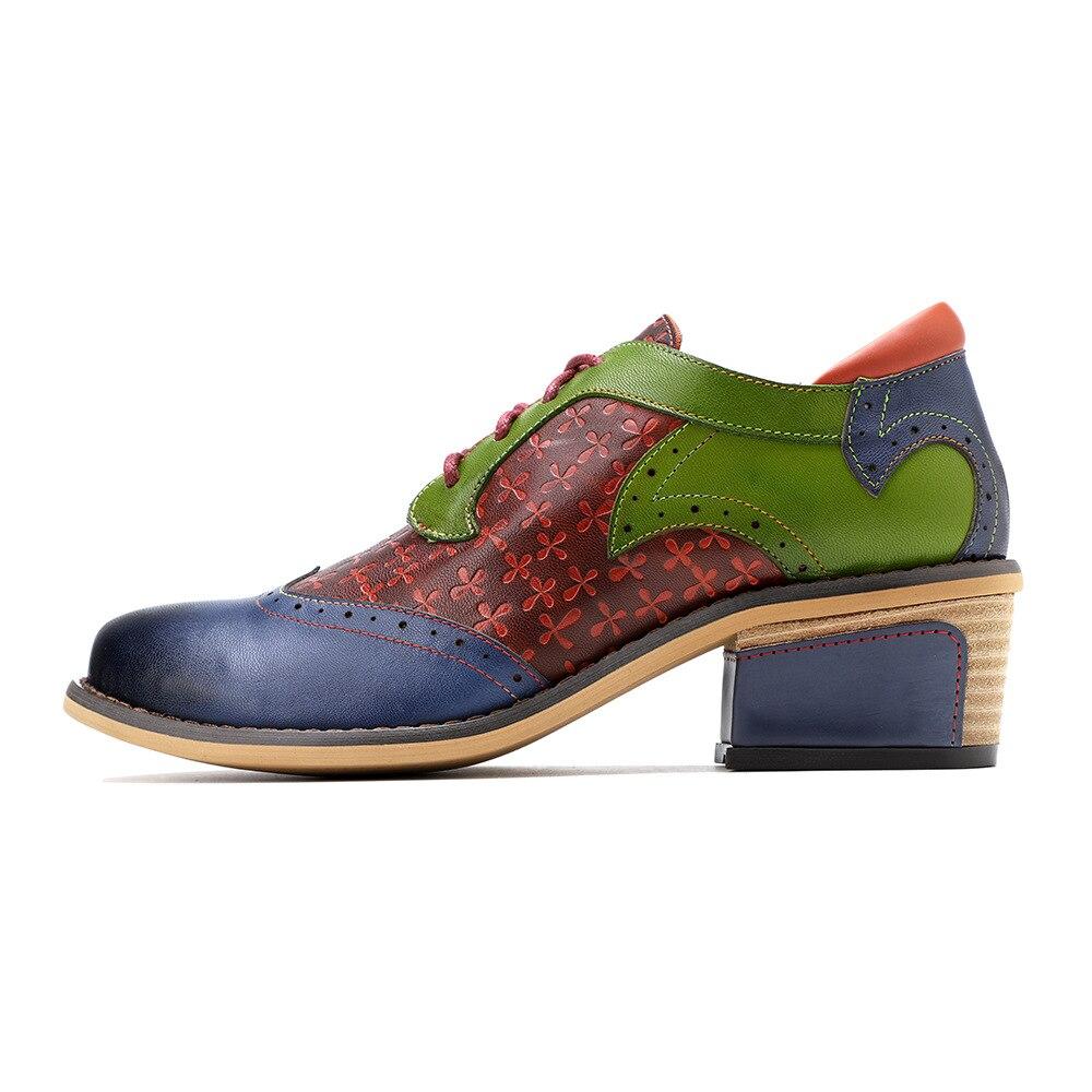 Johnature Pumps Women Shoes Spring Genuine Leather Round Toe Lace-up Mixed Colors Ethnic Casual Sewing Ladies Shoes