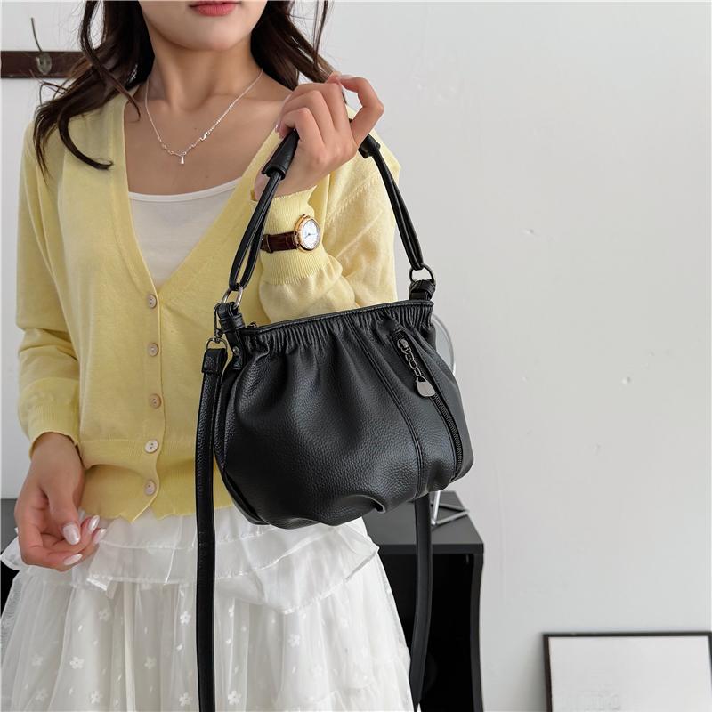 Vintage Ruched Leather Handbag for Women, Soft Multi-pocket Shoulder Crossbody Bag, Casual Large Capacity Hobo Purse for Daily Work Travel