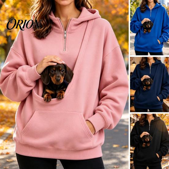 Travel Sweatshirt with Front Pouch Women Hoodie Pet Carrier Pocket, Half Zipper Pullover Sweatshirt, Dog for Small Pets Loose Fit Long Sleeve