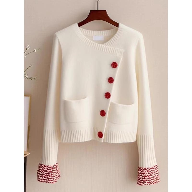 Women's 2025 High-End Korean Style White Round Neck Knitted Cardigan Sweater