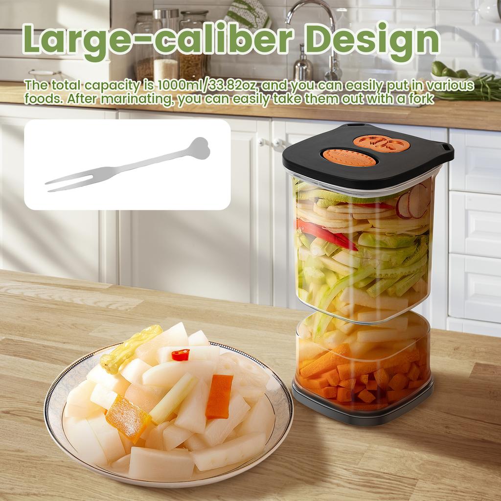 34oz Pickle Flip Jar with Strainer Square Pickle Container with 2 Fork and Timer Recorder Food Storage Container for Gherkins